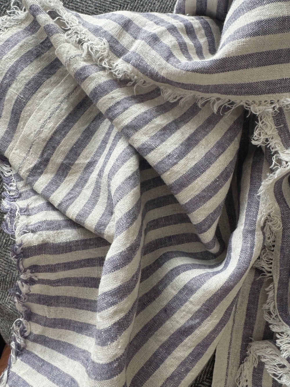 NWOT, FOG LINEN WORKS, LINEN TUZ SCARF, IN 5/16” STRIPES OF BLUE/WHITE